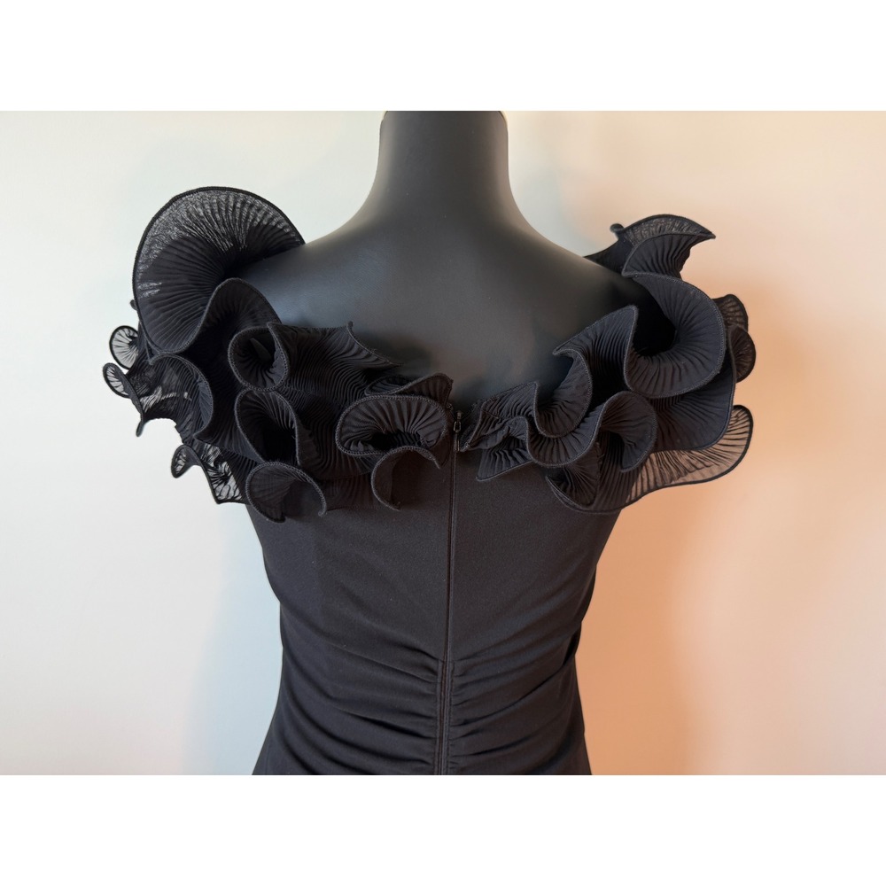 Xscape Womens 6 Black Pleated Ruffle Neck Gown Ruched Maxi Dress Formal Slit - Picture 10 of 16